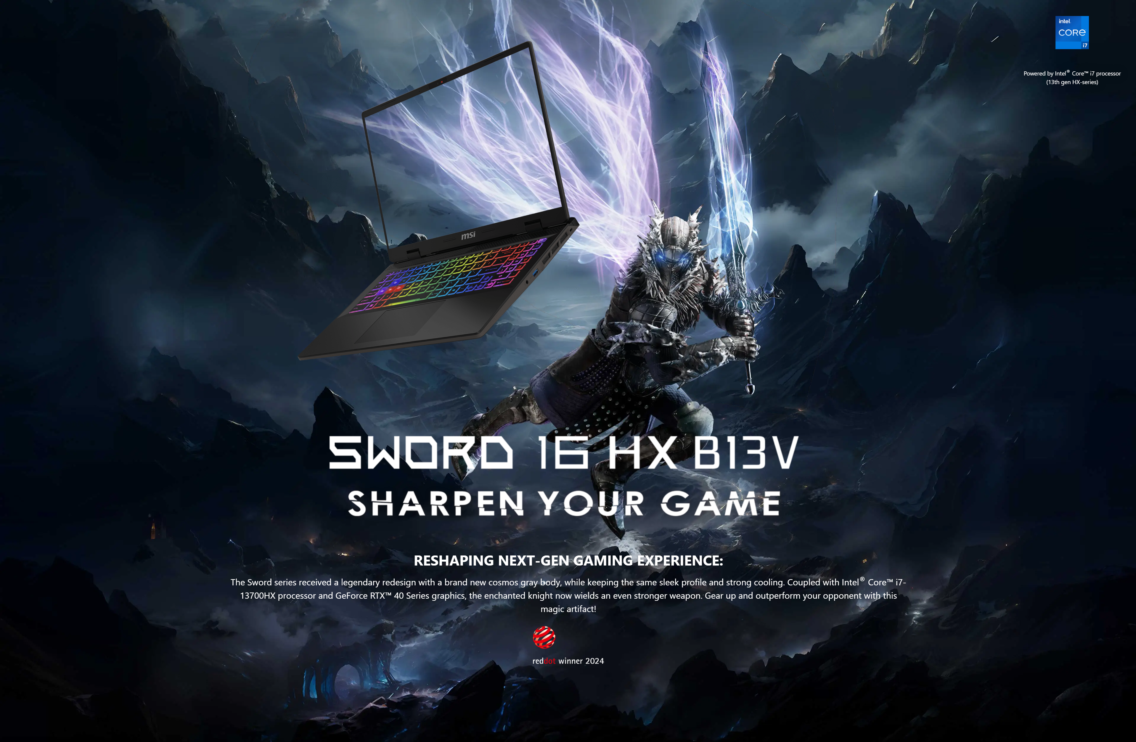 A large marketing image providing additional information about the product MSI Sword 16 HX (B13V) - 16" 144Hz, 13th Gen i7, RTX 4070, 16GB/1TB - Win 11 Gaming Notebook - Additional alt info not provided